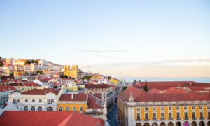 View of the rooftops of a Lisbon residential district at twilight