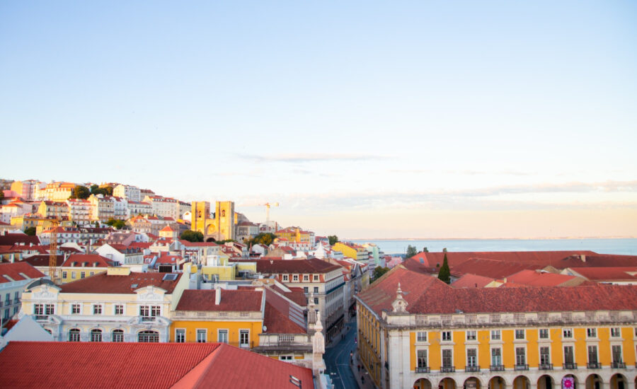 View of the rooftops of a Lisbon residential district at twilight