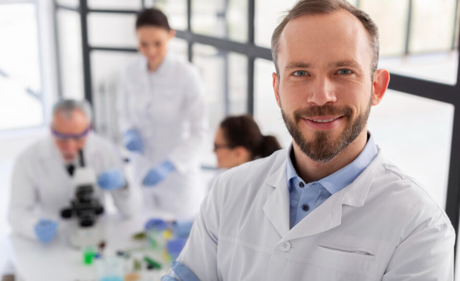 A smiling man in a lab coat, in front of three other scientists at a table