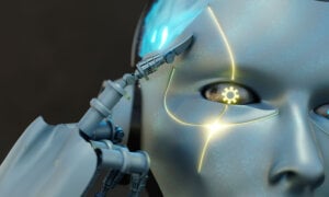 A robot to symbolize AI with a light-up eye for electricity.