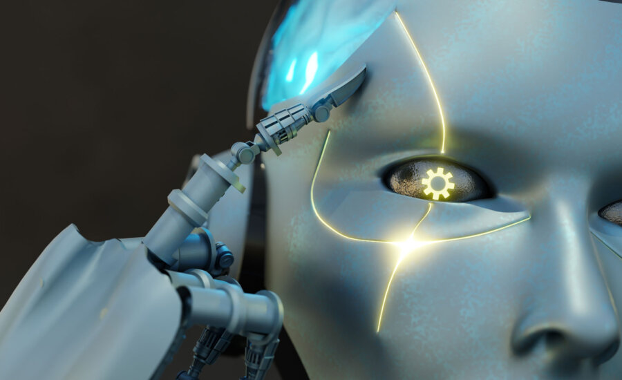 A robot to symbolize AI with a light-up eye for electricity.