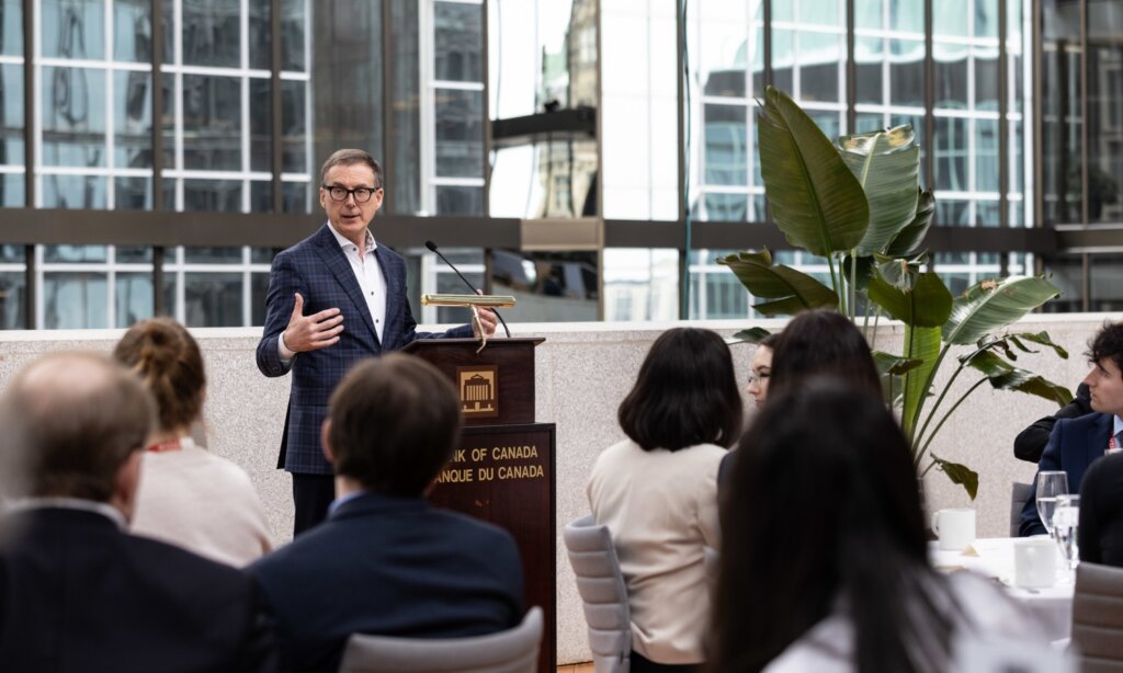 Bank of Canada governor Tiff Macklem speaks to a delegation of students