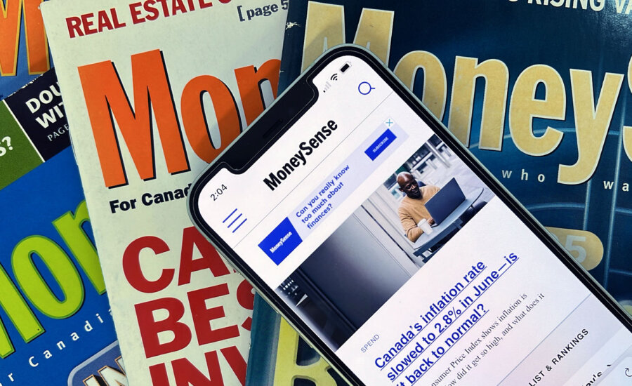MoneySense.ca shown on a phone on old printed issues of MoneySense