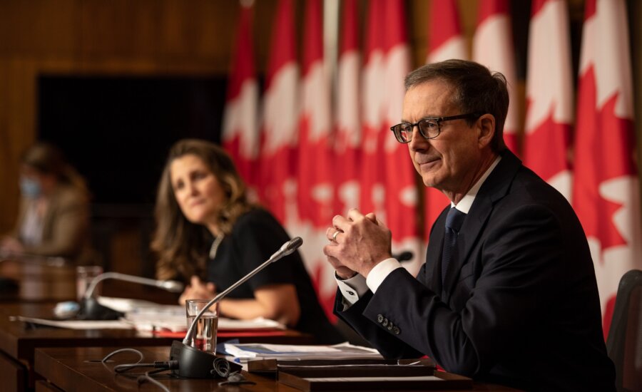 Bank of Canada governor Tiff Macklem with Finance Minister Chrystia Freeland announcing the renewal of the Bank’s Monetary Policy Framework