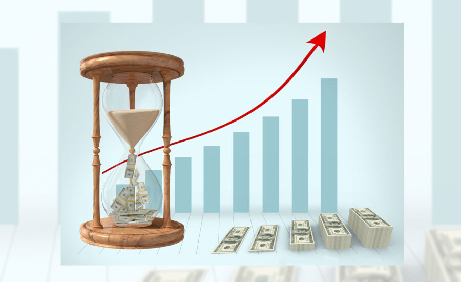 A graph with American money showing an upward trajectory with inflation and the markets