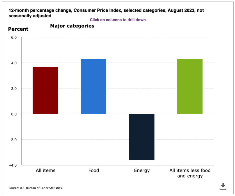Bar graph of 12-month percentage change in U.S. CPI, selected categories, as of August 2023