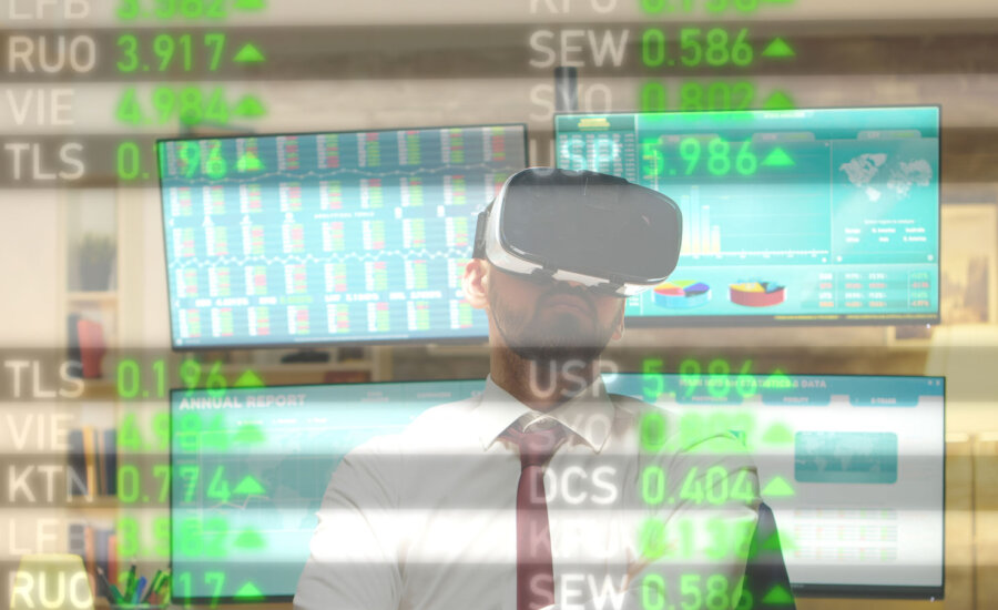 Man looking at stocks through a VR headset