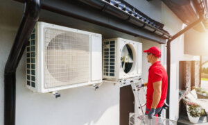 A technician works on a heat pump attached to a house