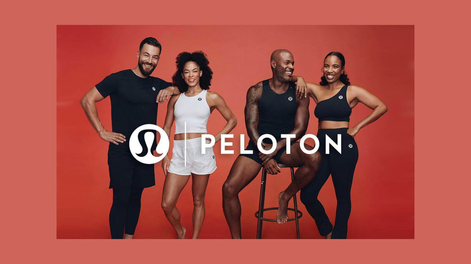 Lululemon and Peloton logos in front of four people in fitness apparel