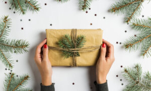 A pair of hands holds a wrapped gift decorated with a twig of pine