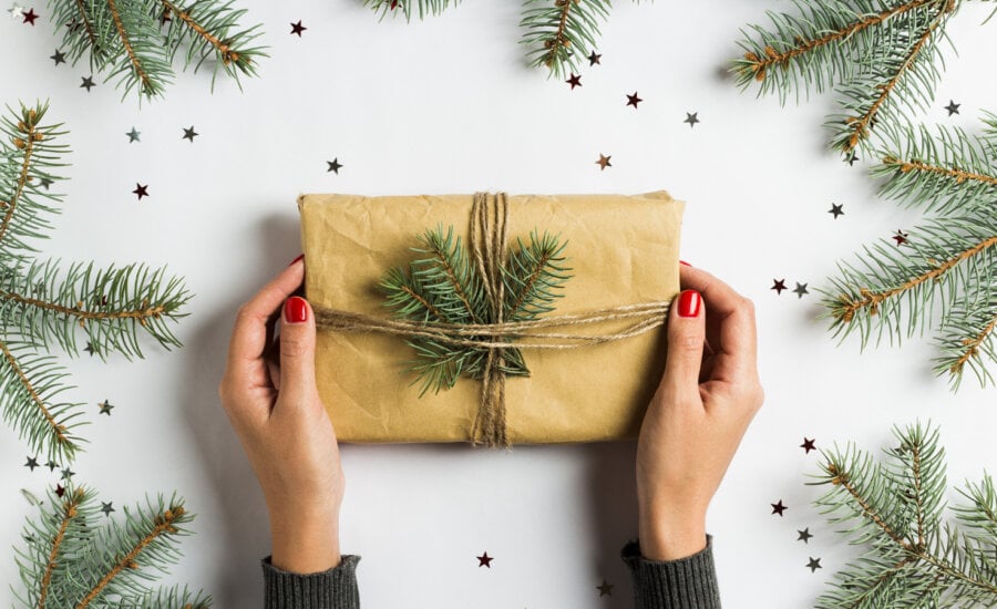 A pair of hands holds a wrapped gift decorated with a twig of pine