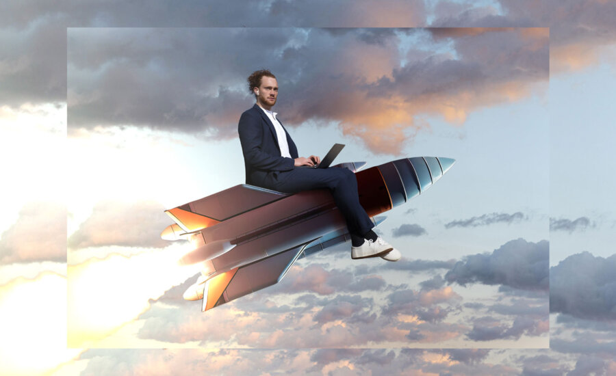 A stock trader sitting on a rocket, showing the November performance of the markets