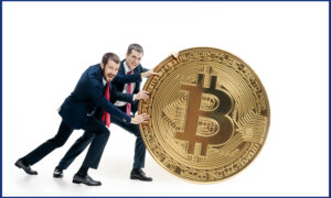 Two men pushing an oversized bitcoin.