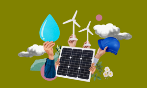 Illustrations of wind turbines, clouds, a water drop and a solar panel