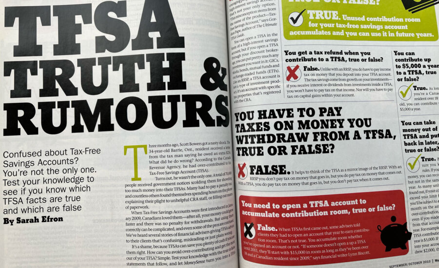A photo of an article about TFSAs in an old MoneySense print magazine.