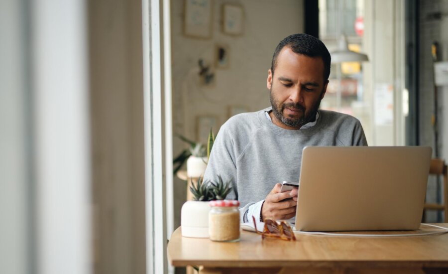 A man works from his home office