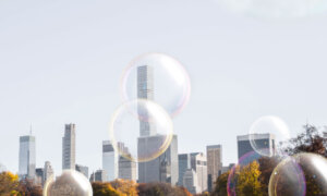 Bubbles in front of tall corporate buildings