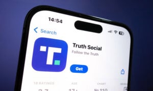 Truth Social app download screen, as DJT launches on the market.
