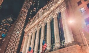 The New York Stock Exchange building lit up at night