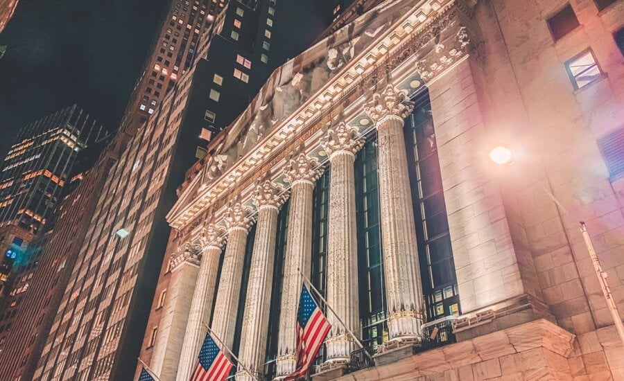 The New York Stock Exchange building lit up at night