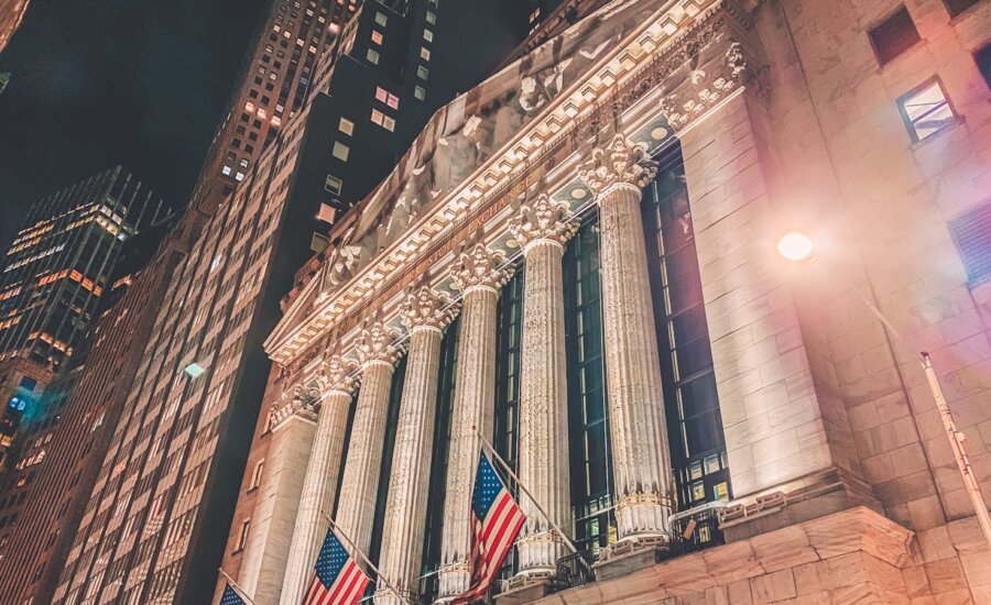 The New York Stock Exchange building lit up at night