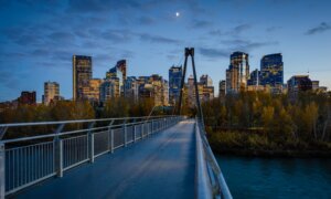 A distant view of Calgary, Alberta at dusk