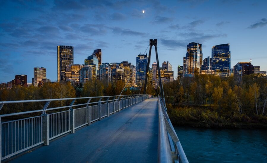 A distant view of Calgary, Alberta at dusk