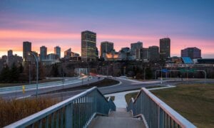 A distant view of downtown Edmonton at sunset