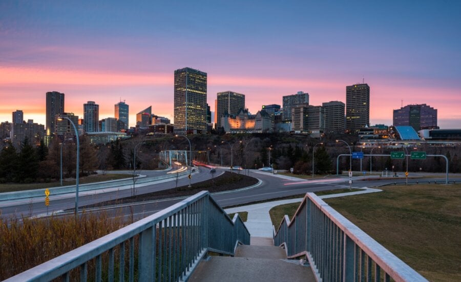 A distant view of downtown Edmonton at sunset