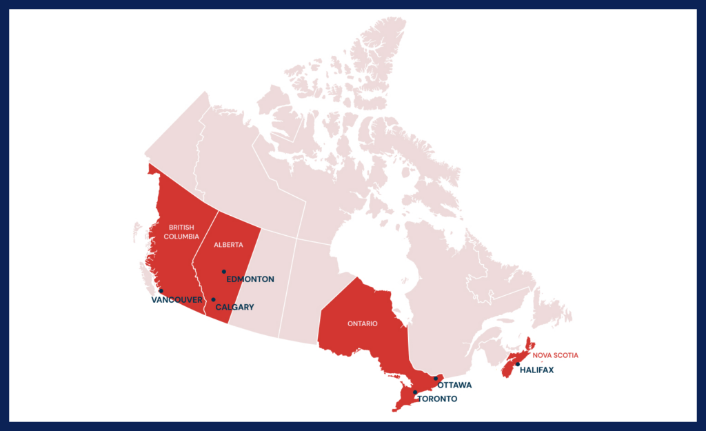 Map of Canada with six cities marked: Vancouver, Edmonton, Calgary, Toronto, Ottawa, Halifax