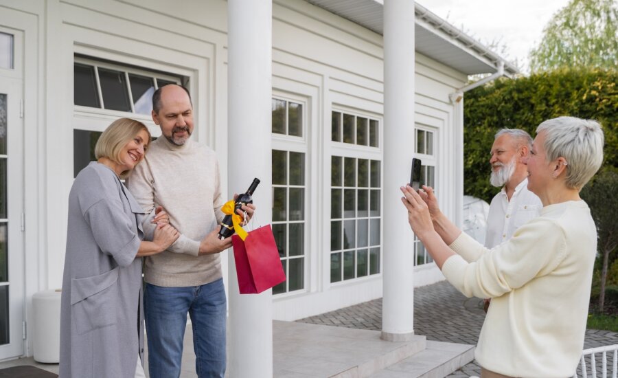 Intergenerational couples celebrate outside family home