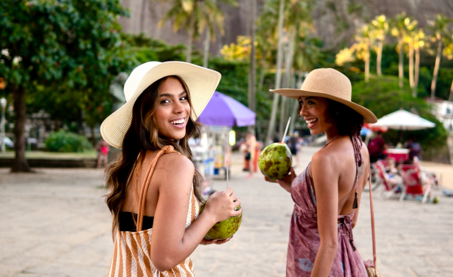 Two young women on vacation in a tropical country