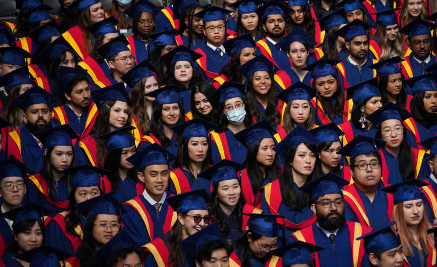 A large group of university graduates in caps ands gowns