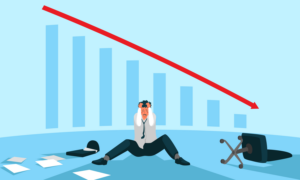 Illustration of upset man with bar graph of falling stock prices