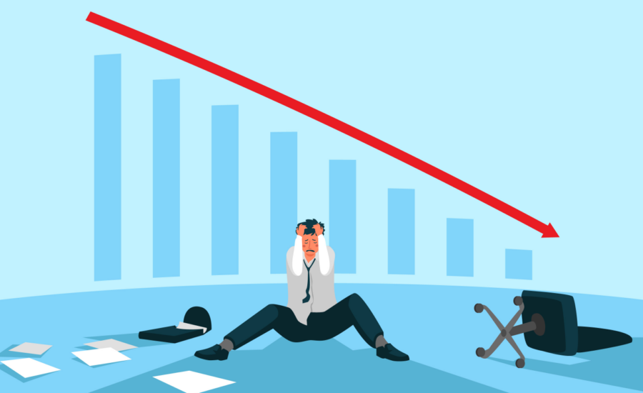 Illustration of upset man with bar graph of falling stock prices