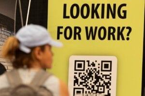 People attend a job and continuing education fair in Montreal on Thursday, Oct. 5, 2023.