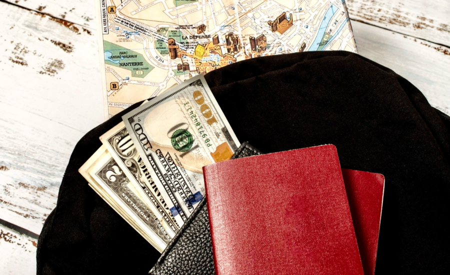 Close-up of American cash and passports