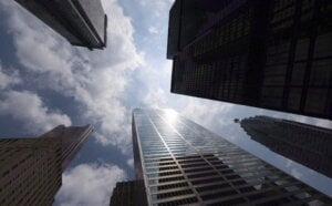 Bank towers are shown from Bay Street in Toronto's financial district, on Wednesday, June 16, 2010.