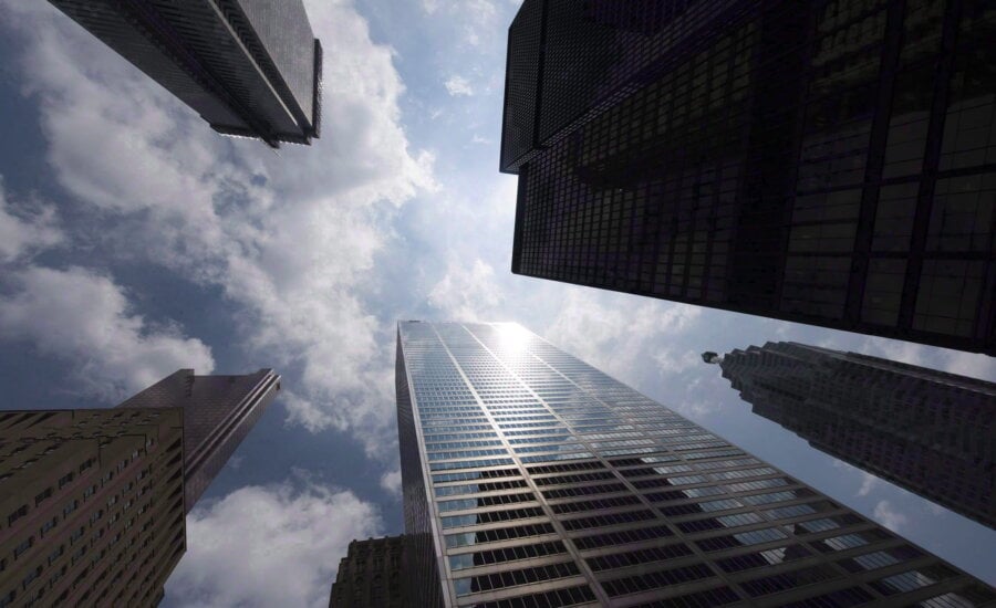 Bank towers are shown from Bay Street in Toronto's financial district, on Wednesday, June 16, 2010.