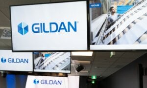 Signage is seen at Gildan Activewear Inc.'s annual meeting in Montreal, Tuesday, May 28, 2024.