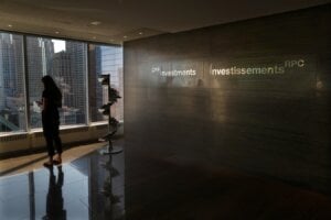 Signage is seen in the reception of CPP Investments' Toronto offices, on Thursday, September 21, 2023.