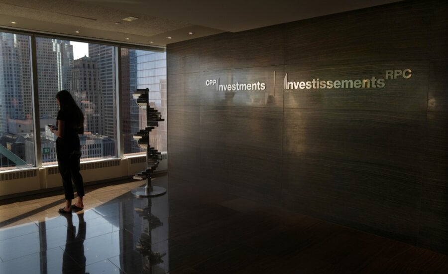 Signage is seen in the reception of CPP Investments' Toronto offices, on Thursday, September 21, 2023.