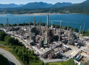 Parkland Corp.'s Burnaby Refinery is seen on the waters of Burrard Inlet in an aerial view, in Burnaby, B.C., on Monday, June 30, 2025. The refinery produces gasoline, diesel, jet fuels, asphalts, heating fuels, heavy fuel oils, butanes, and propane.