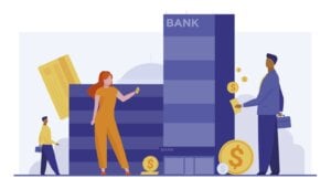 Customers with money standing near bank building. Clients, dollar coins, credit cards flat vector illustration. Finance, loan, online transfer concept for banner, website design or landing web page