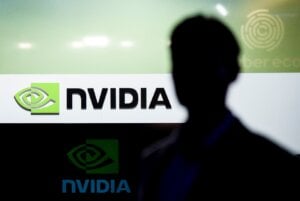 Signage for Nvidia is seen at the All In AI conference in Montreal on Thursday, Sept., 25, 2025.