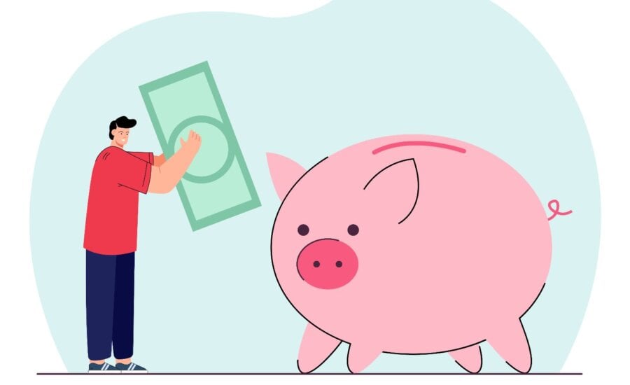 Illustration of man putting a bank note into a huge piggy bank