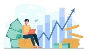 Illustration of investor sitting in a chair while investments climb
