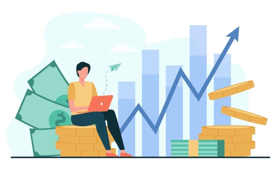 Illustration of investor sitting in a chair while investments climb