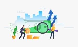 Woman examining banknote, man counting coins vector illustration. Auditor, financial planning, accounting. Banking concept. Design for website templates, posters, banners