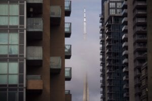 The CN Tower can be seen behind condos in Toronto's Liberty Village neighbourhood in Toronto on Tuesday, April 25, 2017.
